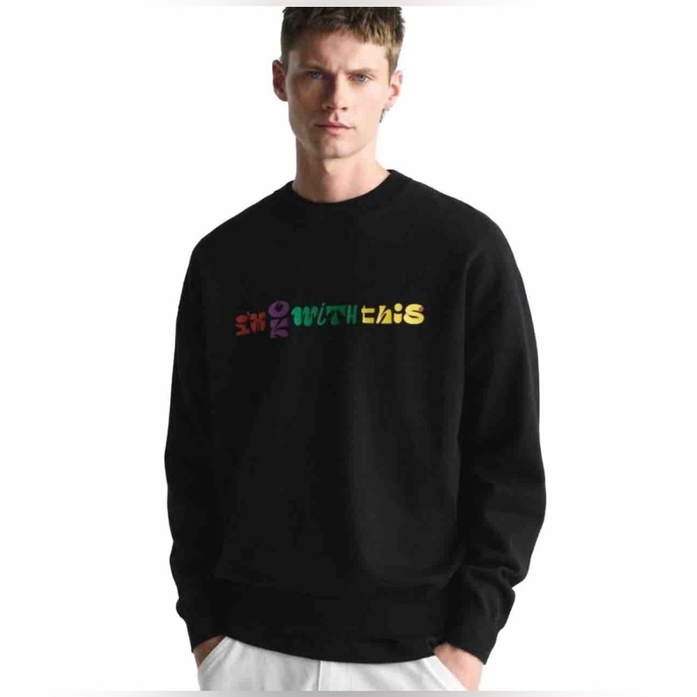 NWT ZARA‎ “I’M OK WITH THIS” Text Print Black Crew Pullover Sweater MEDIUM